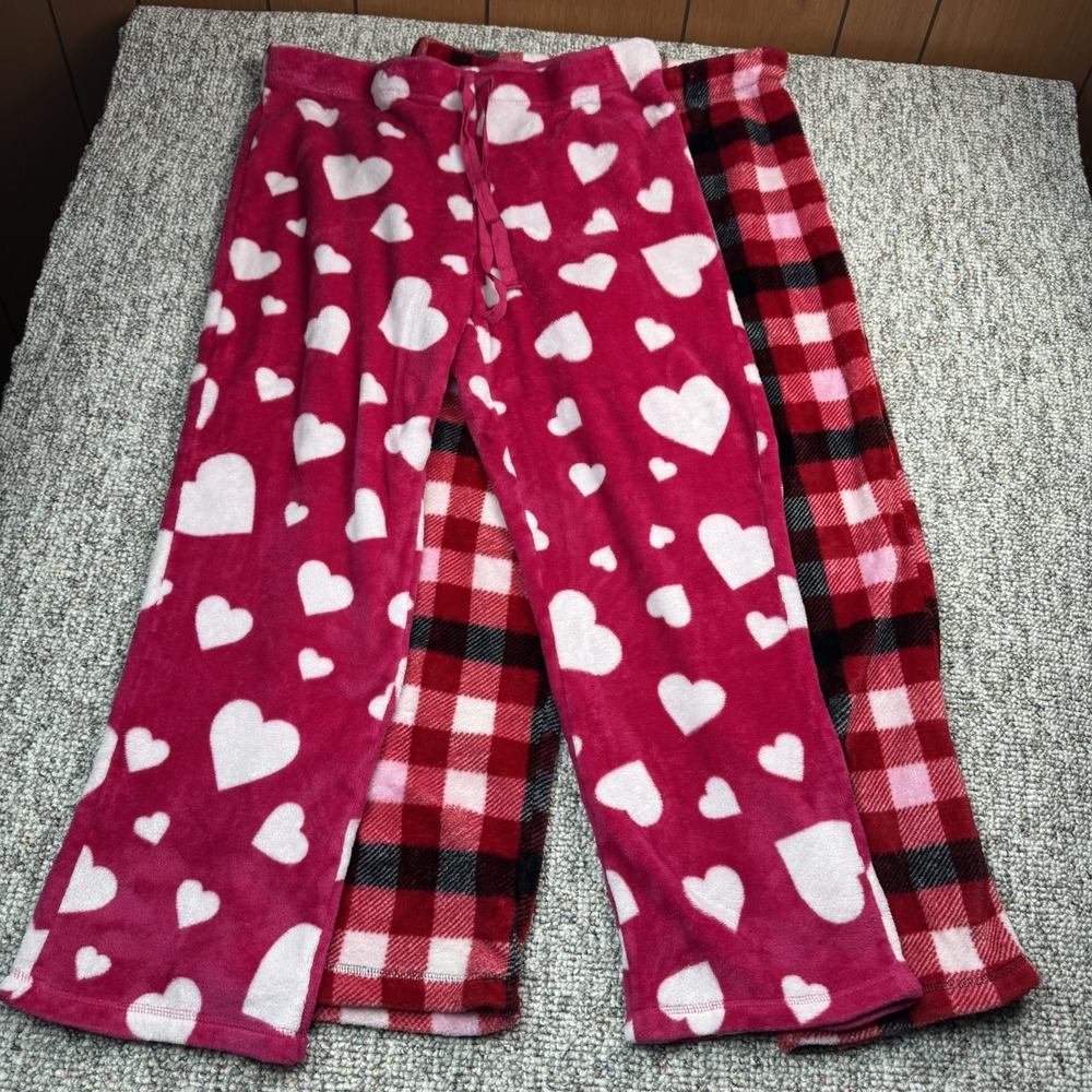 Faded Glory Lot of 2 Womens Large Sleepwear Pants Plaid Hearts Red Pink Pajama